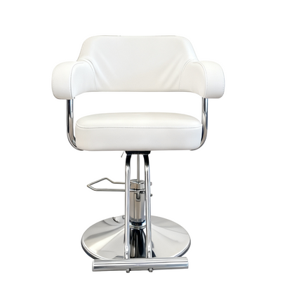 BeautéSync® Professional Salon Styling Chair front view – modern hydraulic barber chair with padded seat and footrest