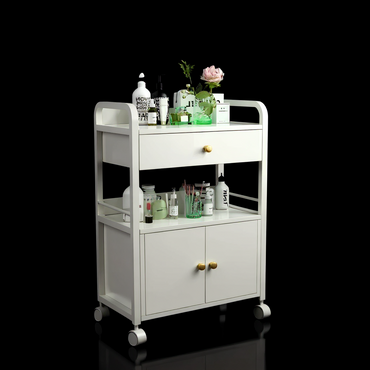 BeautéSync Rolling White Metal & Wood Salon Cabinet – Multi-Functional Beauty Spa Trolley with Shelves & Lockable Wheels