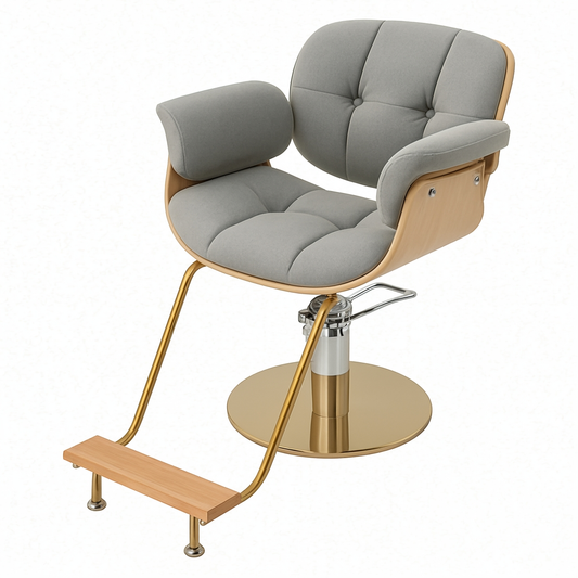 BeautéSync Hairdressing Styling Chair w Grey Leather and Gold Frame