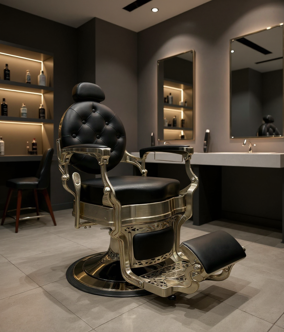 Barber chair featuring adjustable recline and 360° rotation. Center view.