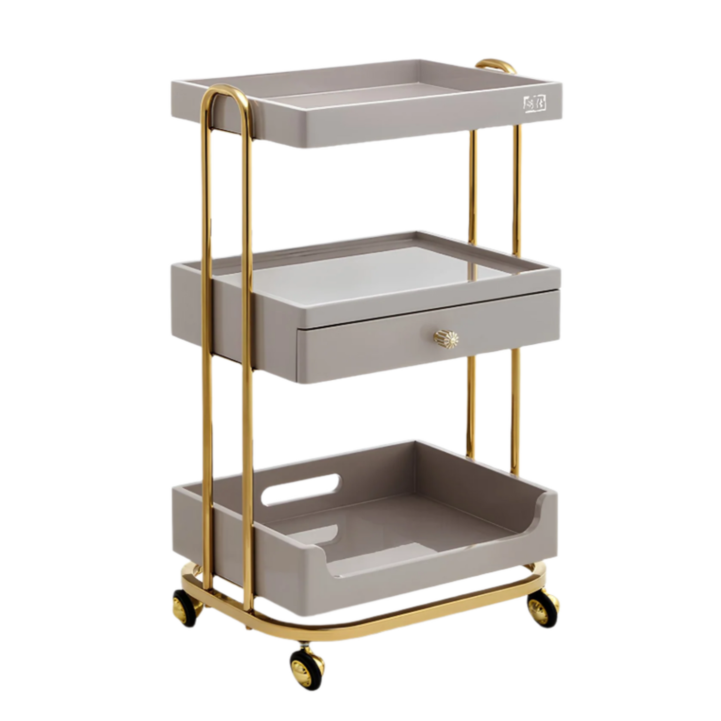 BeautéSync® Gold Metal Rolling Salon Trolley – Luxury Beauty, Nail & Hairdressing Cart with Towel Shelf and Lockable Wheels