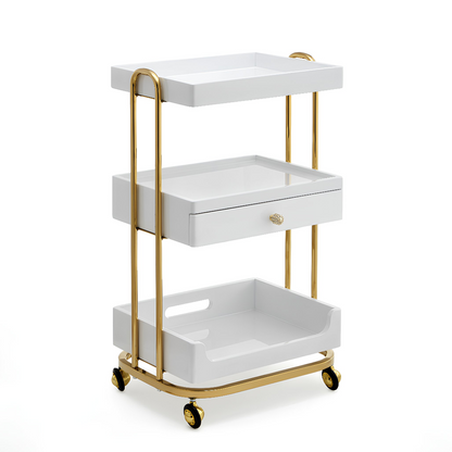 BeautéSync® Gold Metal Rolling Salon Trolley – Luxury Beauty, Nail & Hairdressing Cart with Towel Shelf and Lockable Wheels