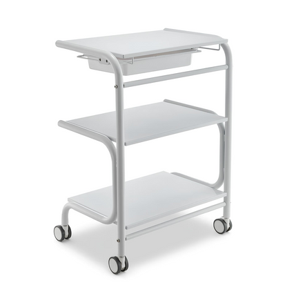 BeautéSync® 3-Tier Frameless Metal Salon Cart Beauty Trolley – White Spa & Manicure Organizer Cart with MDF Shelves & Side Guards