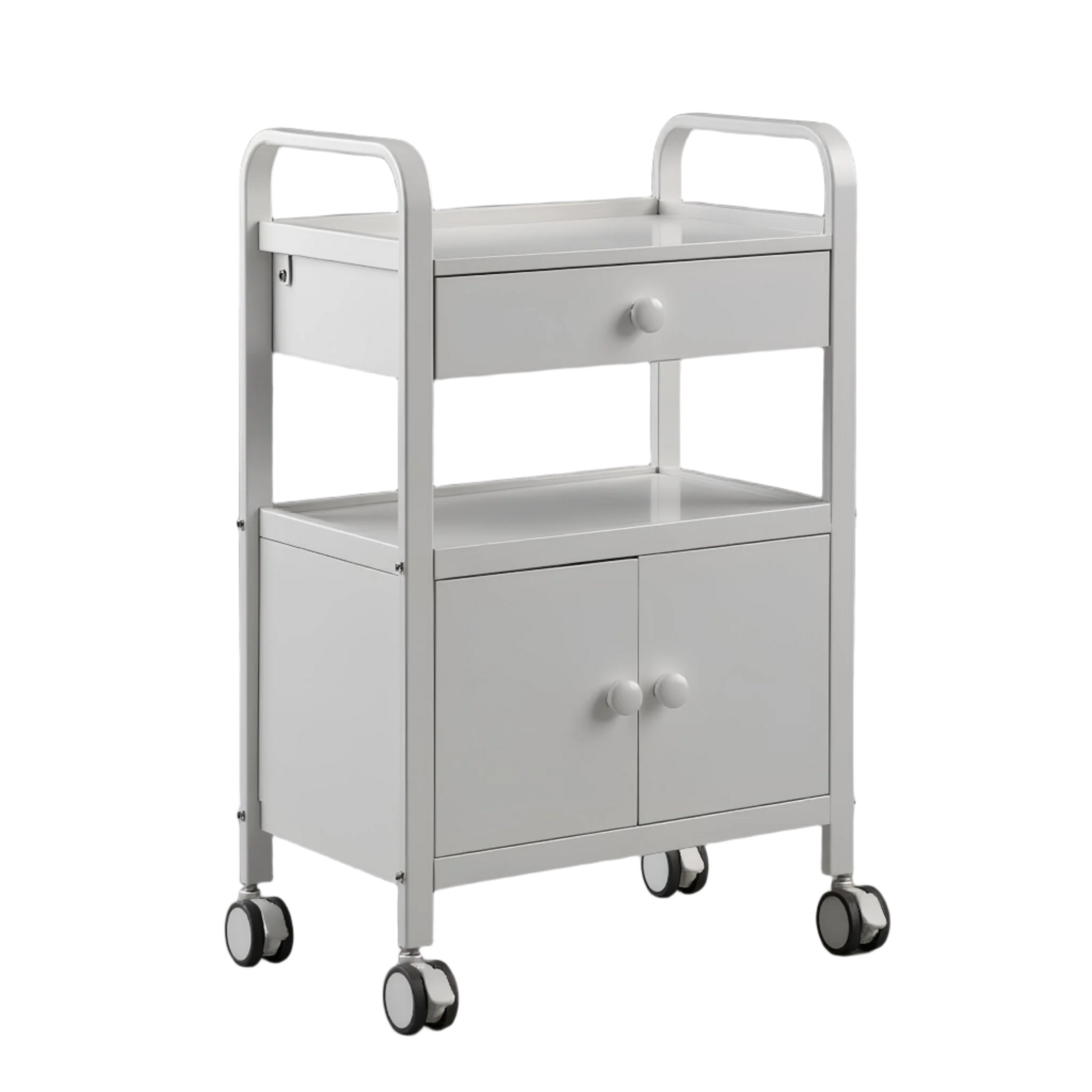 Esthetician trolley with open shelf and lockable drawers