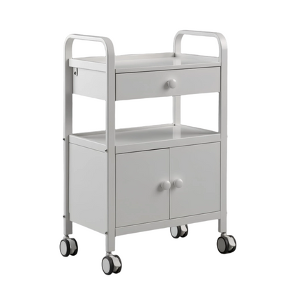 Esthetician trolley with open shelf and lockable drawers
