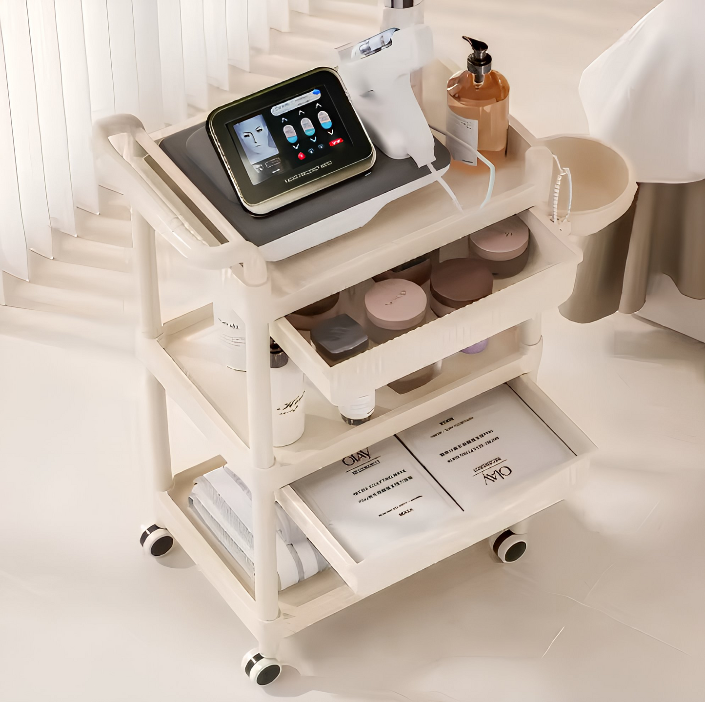 BeautéSync ABS Professional Salon Service Trolley – 3-Tier Spa Utility Cart with Drawers for Hair, Makeup & Beauty Tools