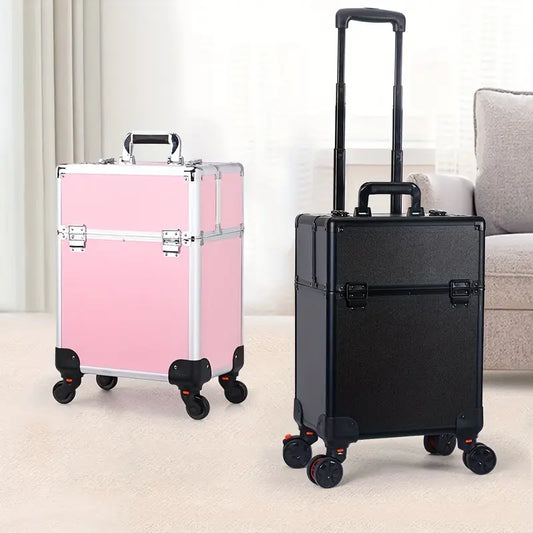 BeautéSync Pink/Black Aluminum Rolling Makeup Train Case