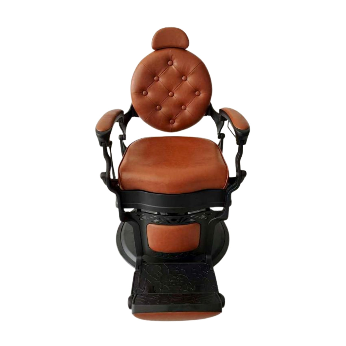 Vintage-style barber chair with button-tufted backrest and brown PVC leather. Front view.