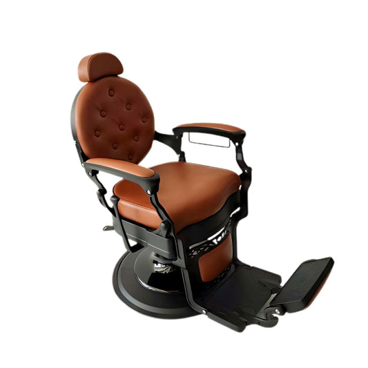 Vintage-style barber chair with button-tufted backrest and brown PVC leather. Center view.